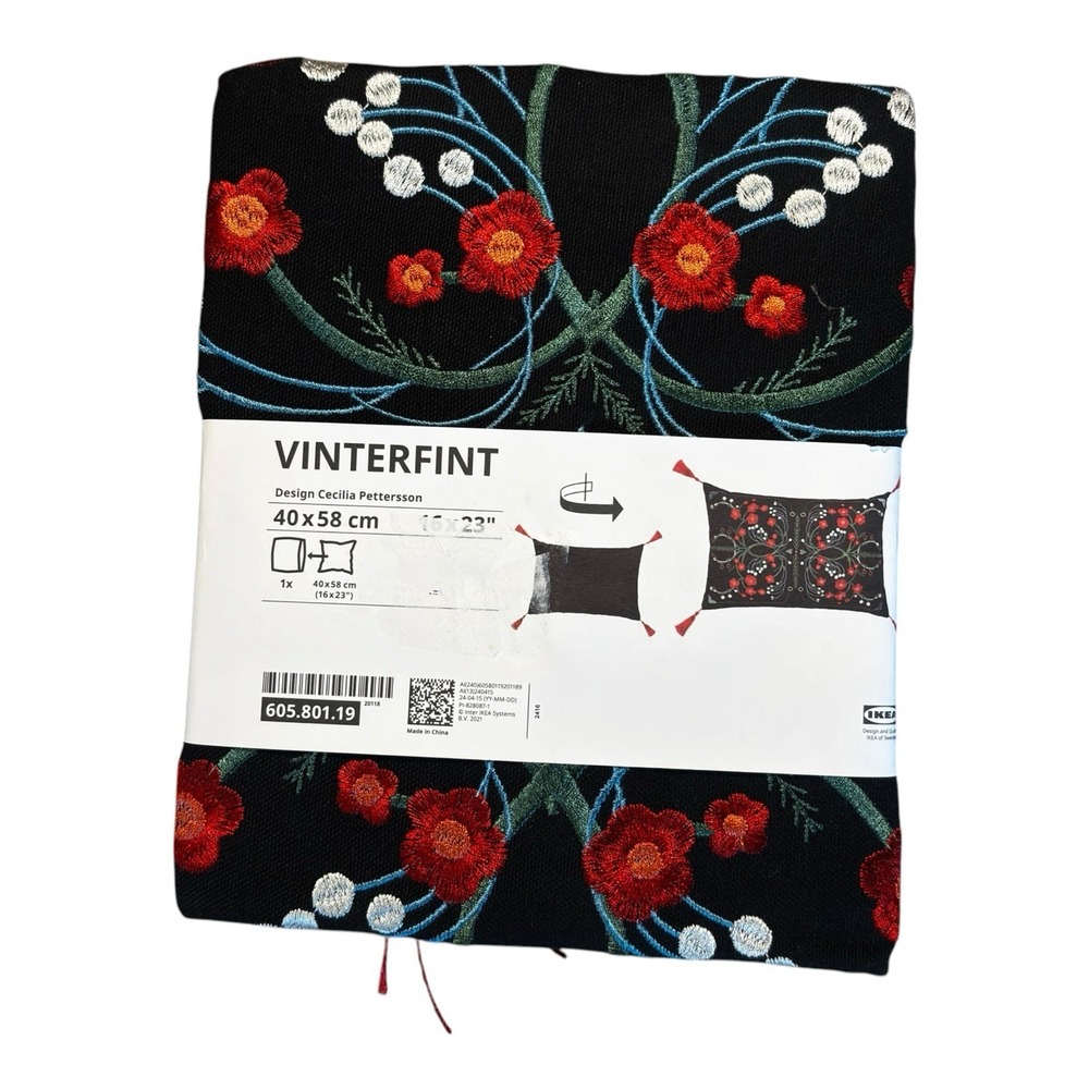 Ikea VINTERFINT Pillow Cushion Cover 16x23 Black Floral Embroidered 605.801.19